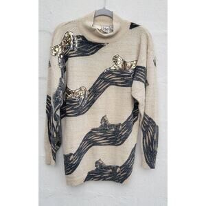 Vintage 80s Sweater Womens Large Beige Gold Sequin Tiger Wool Angora Retro Glam